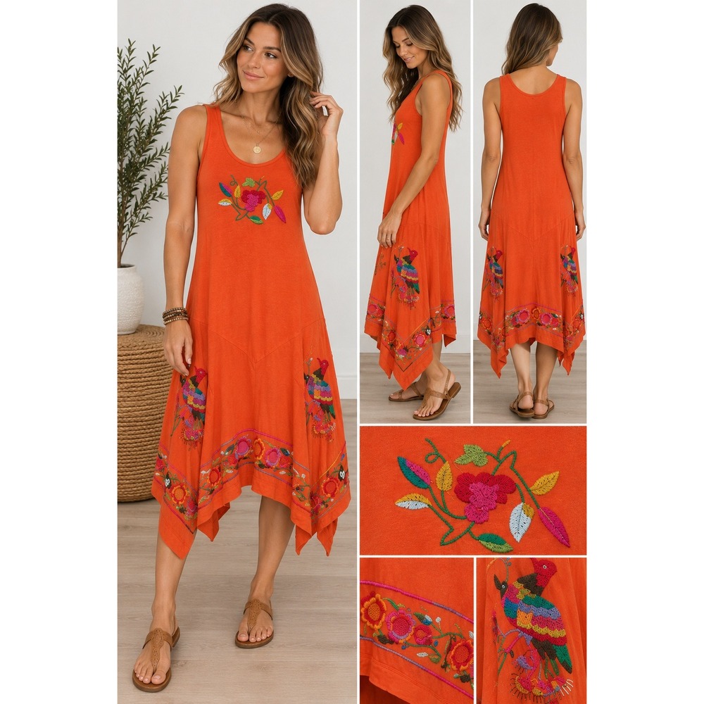 JWLA Tank Dress Orange Embroidered Handkerchief Hem Boho XS